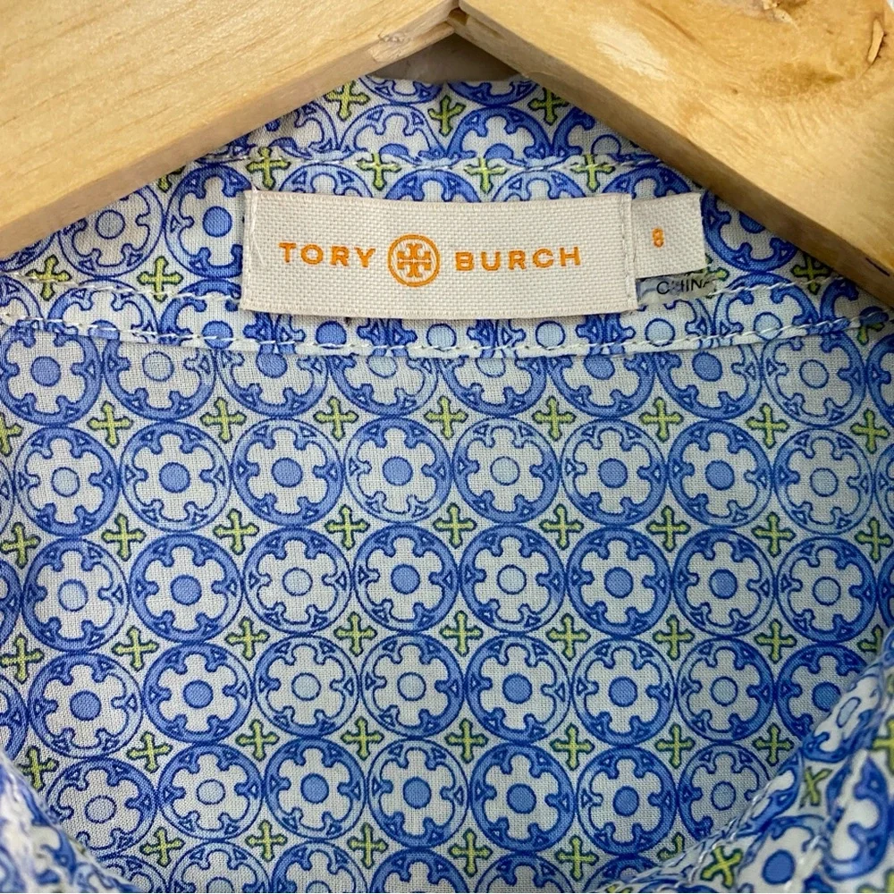 Tory Burch Blue Geometric Tile Print‎ Roll Tab Utility Shirt Size 8